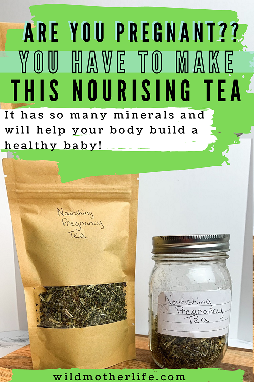 a bag of homemade tea with nettles, oatstraw and red raspberry leaf